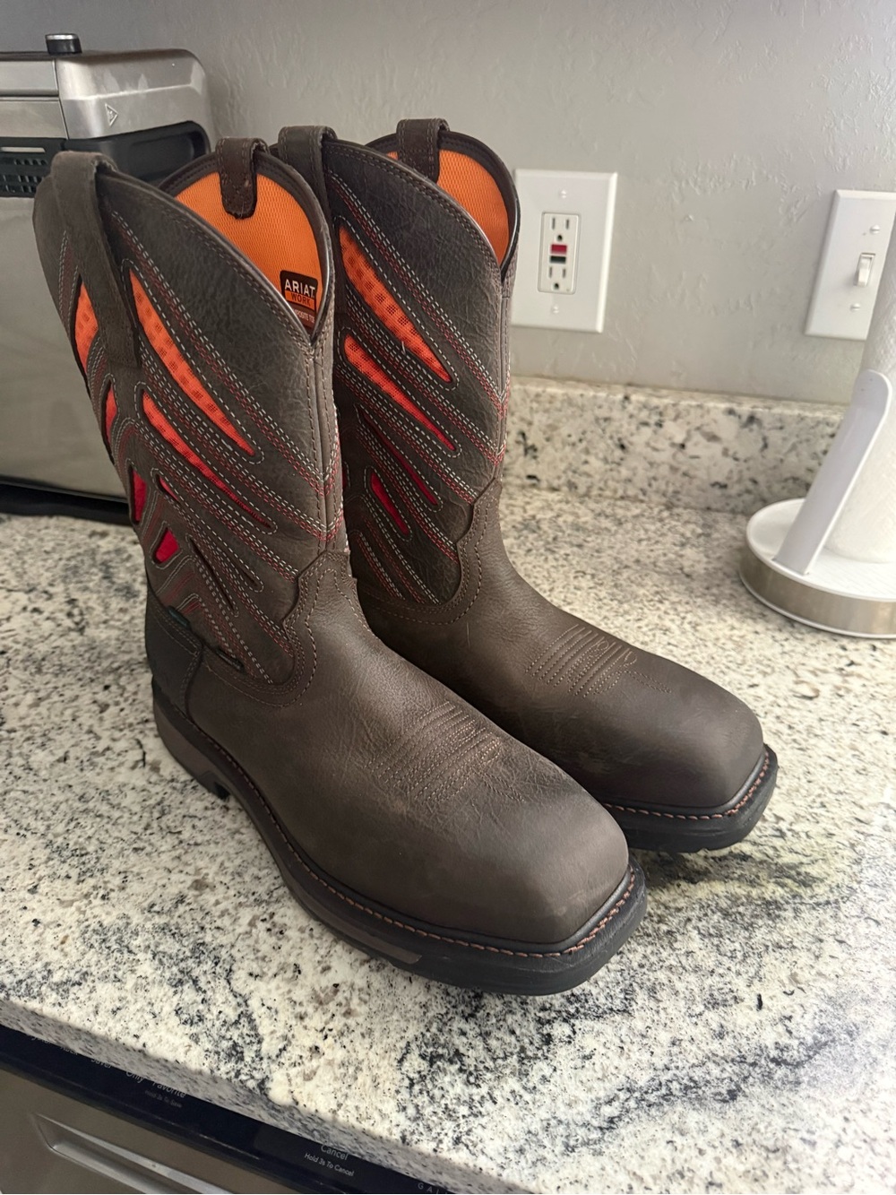 Ariat Brown Western Work Boots with Orange Inset